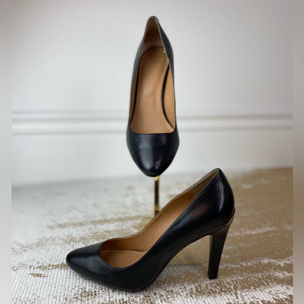 CALVIN KLEIN Black Leather Pumps, Gold Detail | Size 9.5